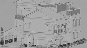 3d Animation of a Generic Classic brick house, Seamless Looped Rotating animation, with brick facade, linework