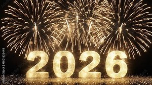 Golden glittery numbers 2026 stand against a dark background with three large exploding golden fireworks