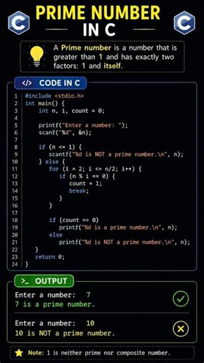 Prime Number Program in C | Easy C Language Code for Beginners 🔥#shorts #cprogramming #practical