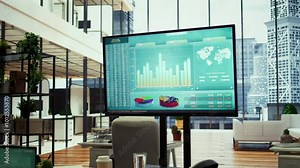 Empty boardroom setup with a computer displaying financial data, facilitates effective communication and strategy development for a successful business project. Performance goals.