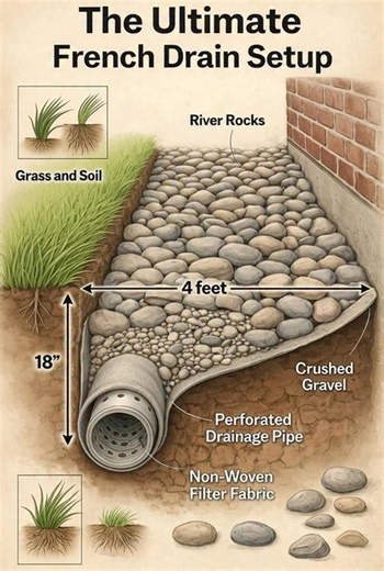 The “Gold Standard” French Drain: Reliable Protection Against Water Damage This illustration explains what is widely considered the gold standard of French drain design—a proven drainage system used to control groundwater, protect foundations, and prevent long-term moisture problems. Its effectiveness comes from simplicity, gravity, and correct layering of materials. What a French Drain Does A French drain is designed to intercept and redirect excess groundwater before it can accumulate near str