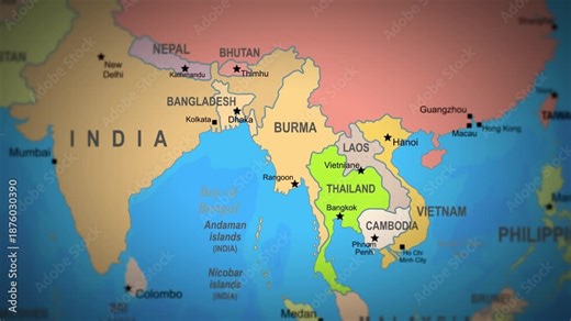 Animated illustrated map showing Thailand and surroundings