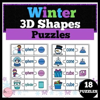 Winter Math Activity 3D Shapes Puzzles - Geometry 3D Winter Math Games
