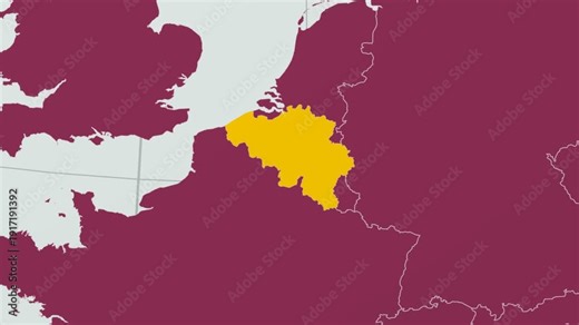Belgium map. Animated zoom into the country on the Globe in Pale Mint Dark Pink color palette. Country logo animation with round text and airplanes. Map with meridians, parallels. Classy video.
