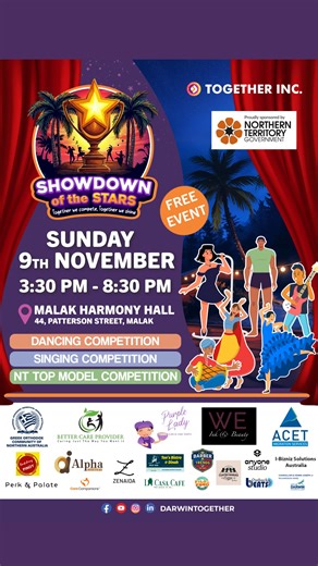🌟 You're Invited to the Showdown of the Stars! 🌟 Get ready for an unforgettable afternoon of singing, dancing, and NT Top Model performances — all LIVE on stage! 🎤💃👑 ✨ FREE COMMUNITY EVENT 🎁 Big prizes for our winners and much more 🎉 Family-friendly | Multicultural | Full of energy & inspiration 📅 Sunday, 9 November 🕒 3:30 PM – 8:30 PM 📍 Malak Harmony Hall Come support our talented contestants as they shine in: 🎶 Singing 💃 Dancing 👑 NT Top Model Bring your friends, family & good vib