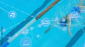 Network of connection icons against female athlete swimming in the pool