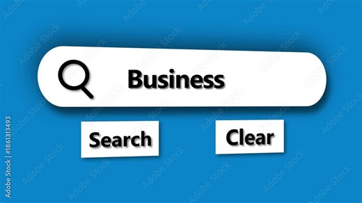 Search bar with the word Business typed in on a blue background input field text