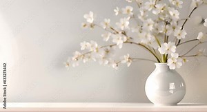Elegant white flowers in a vase against a modern white background in a room interior. Concept Elegant Flowers, Interior Design, Modern Decor, White Background, Floral Arrangement