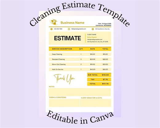 Cleaning Estimate Template, Editable Canva Invoice & Quote Form for Cleaning Business Owners - Etsy