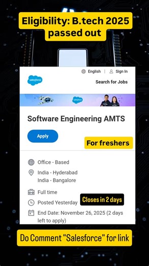 The SurfBoard on Instagram: "Do Comment "Salesforce" for link. Eligibility criteria: B.E/ B.Tech graduating in 2025 in Computer Science, Electrical, Electronics, or equivalent fields with specialization in computer science. Key Responsibilities: Architect, design, implement, test and deliver highly scalable products Master our development process, culture and code base, then improve it Work closely with a team of engineers, product managers, user experience experts and performance engineers to b
