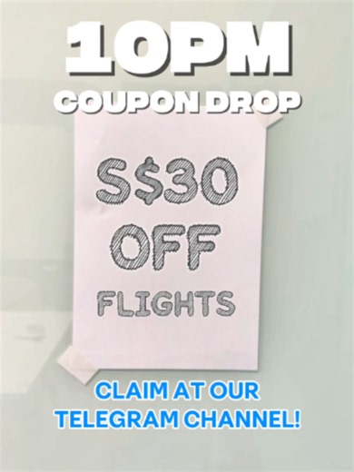 10PM COUPON CODE, S$30 OFF Flights droppin soon for our Telegram Day! 🤩✈️ Quick get yourself into our Telegram Channel at the link in our bio! ⏰ YOU DON'T WANT TO MISS THIS! #TravelokaSG #BestPriceGuarantee #TelegramDay