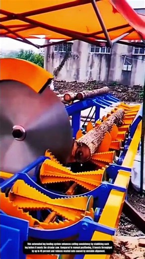 Automated log feeding process with precision circular sawing at the cutting line
