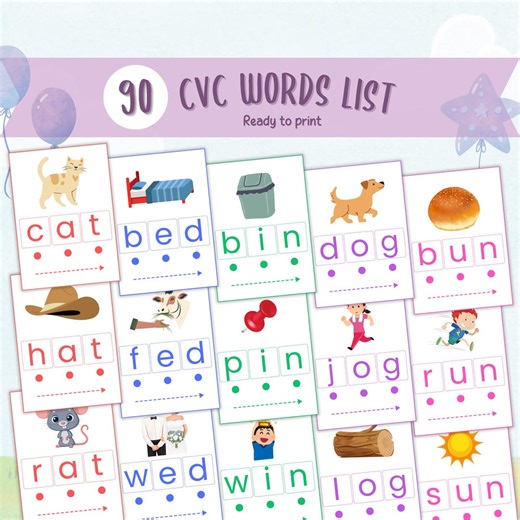 CVC Words, Phonics Printables for Kindergarten, Learn to Read, Flash Cards, Digital Download - Etsy