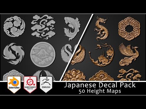 3DT Japanese Ornamental Decal & Stamp Pack — 50 Height Stamps for Blender, Substance Painter, and Game Art