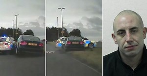 Watch motor menace branded 'a danger to road users' ram police car in chase