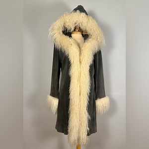 Vintage Wilsons Leather Maxima Penny Lane Grey Suede Hooded Coat Lamb Fur Trim 🩶