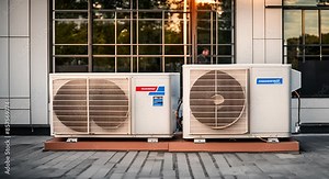 The AC outdoor unit compressor is installed outside the building