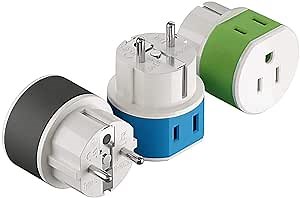 OREI Germany, France, Schuko Power Plug Adapter with 2 USA Inputs - Travel 3 Pack- Type E/F (US-9) Safe Grounded Use with Cell Phones, Laptop, Camera Chargers, CPAP, and More