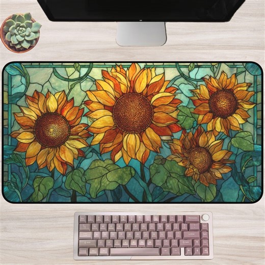 Sunflower Stained Glass Desk Mat: Golden Floral Window Design, Bright Botanical Cottagecore Office Decor, Colorful Nature Artwork - Etsy