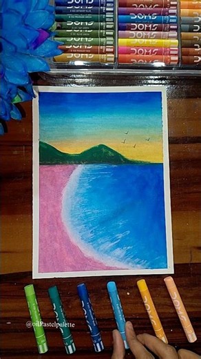 Easy Beach Sunset Drawing with Oil Pastels 💙😍 #shorts #shortsfeed #trending #유성