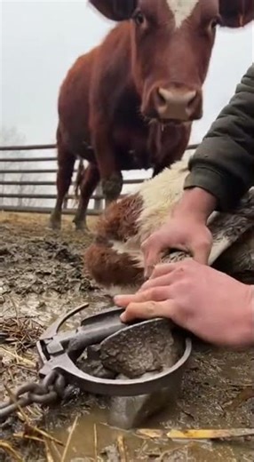 Hands Pulling Spring Loop in a Muddy Pen Close
