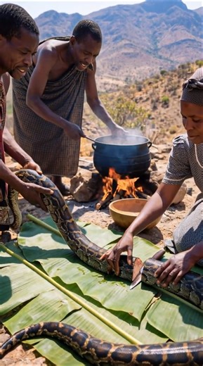 Venda Tribe Survival Cooking Giant Python! 🐍🔥 #tribalfood #triballife #shorts