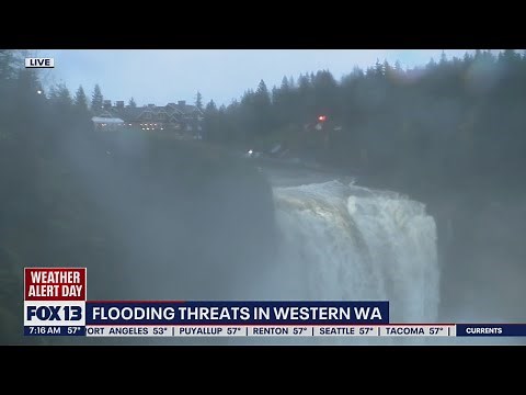 Snoqualmie Falls raging as flooding threats Western Washington