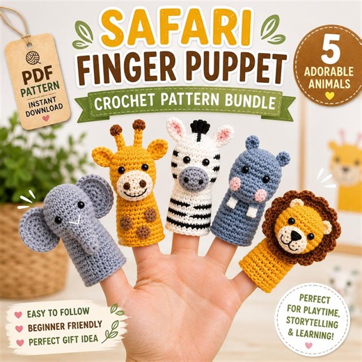 Safari Animal Finger Puppet Crochet Pattern Bundle PDF | Elephant Giraffe Zebra Lion Hippo Amigurumi | Kids Toy Crochet Pattern - Etsy