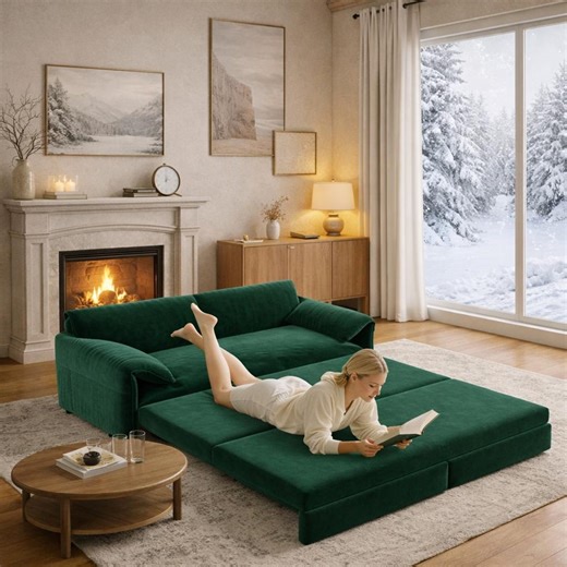 Queen Sleeper Sofa Bed, 3-in-1 Convertible Sofa, Chaise Lounge, Queen bed frame, Space Saving