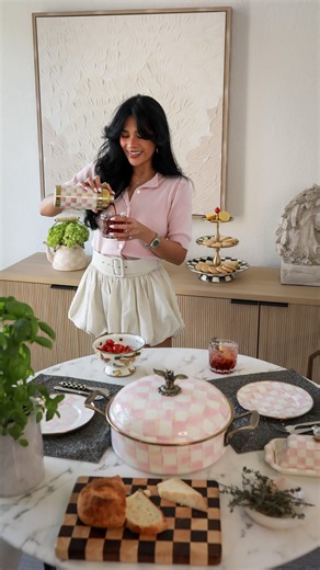 Liz Heart on Instagram: "Pasta & mocktails but we can’t forget to use the most stunning Rosy Check pieces from @MackenzieChilds comment “ROSY” and I’ll send you a dm to my favorite pieces! #MCPartner 🍝Comment RECIPE and I’ll send you a dm with my One-Pot Boursin and pancetta pasta One pot Boursin pasta ✨4 oz pancetta ✨1 Tablespoon evoo ✨2 Tablespoons butter ✨4 minced garlic ✨2 cups cherry tomatoes ✨1 lb pasta of choice ✨4 Cups chicken broth ✨1 block of Boursin cheese ✨spinach to taste ✨1/3 jar