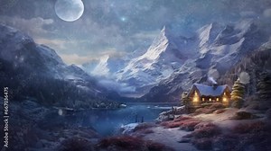 winter landscape in the mountains with snowfall. with cartoon style. seamless looping time-lapse virtual 4k video animation background.