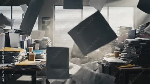 Cinematic slow motion capture of disorganized paper documents floating through chaotic office air representing messy business bureaucracy and workload stress in high resolution.