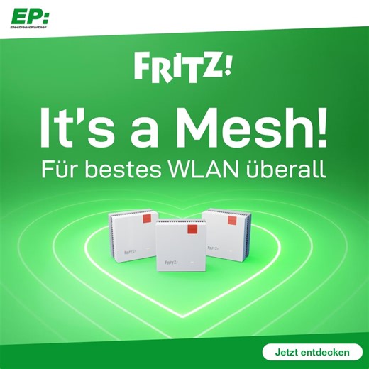 WLAN auf den ersten Klick 🚀 Mit FRITZ! Mesh hast du in wenigen Minuten stabiles WLAN in jeder Ecke deines Zuhauses. 🔋 Ob Video-Call am Küchentisch oder Serienmarathon auf dem Sofa: Deine Verbindung bleibt stabil und schnell. 💨 Funktioniert an jedem Anschluss. Plug & Play – so easy. ⚡️👉️ https://fcld.ly/c4eev7t | EP: