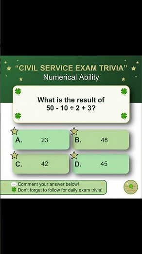 🍀🧠 Civil Service Exam Trivia #4 | Numerical Ability Challenge | Order of Operations (PEMDAS)🧠🍀#cse