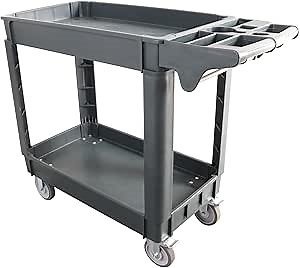 Utility Service Cart, 2-Shelf 500LBS Heavy Duty Plastic Rolling Utility Cart with 360° Swivel Wheels, Lipped Shelves, Ergonomic Storage Handle for Warehouse/Garage