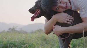 A funny moment of young handsome asian man hugging his dog while standing resting on spring meadow on weekend, leisure activity, an energetic dog trying to escape from owner embrace, petting a puppy