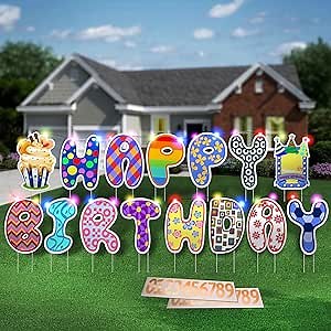 Happy Birthday Yard Sign with Stakes - 15.4 Inch Lawn Sign with 20 Pcs Number Stickers and 19 ft LED Lights, Outdoor Birthday Decoration Party Supplies