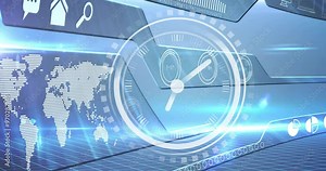 Animation of moving clock over digital interface with data processing and world map