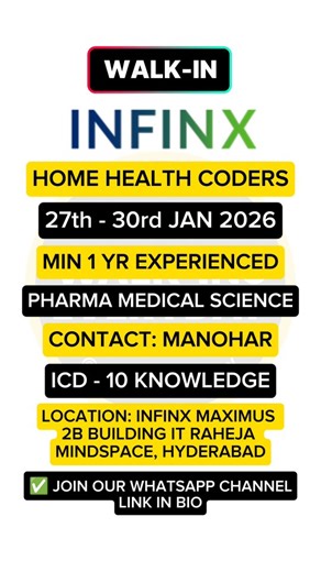 Walk-ins Everyday | Alli Charan on Instagram: "WALK-INS EVERYDAY !!! 🔗 LINK available in WhatsApp Channel 🔗 Channel join link in BIO 📢 FOLLOW us @walkins_everyday for daily job opportunities INFINIX is hiring for Home Health Coders | Hyderabad Role: HCC to Home Health Coding Department: Medical Coding HCC / Home Health Coding Experience: Min 1 to 4 Years in HCC Coding Employment Type: Fulltime, Permanent Any Life Science / Medical / Paramedical background preferred. Time 