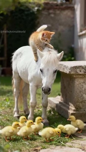 A Cat, a Pony, and Ducklings: A Charming Encounter