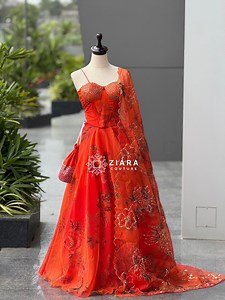 Orange Organza Lehenga Choli Set: Embroidered Corset Blouse, Digital Print - Etsy
