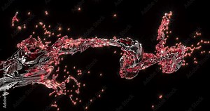 Red wine splash 3d animation. Sparkling fluid flow with swirls and bursting droplets close up render footage. Pink beverage, crimson water whirlpools with drops explosion realistic overlay video