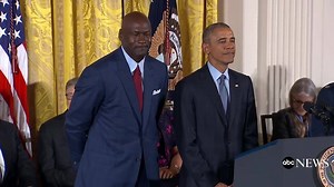 Pres. Barack Obama presents basketball great and 5-time NBA MVP Michael Jordan with the Medal of Freedom. “Michael Jordan is the Michael Jordan of greatness.” http://abcn.ws/2fmjqL6 | ABC News