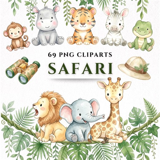 Cute Jungle Animals Clipart Baby Safari Characters Watercolor PNG Set Nursery Decor Kids Illustration Bundle Zoo Theme Graphics Download - Etsy