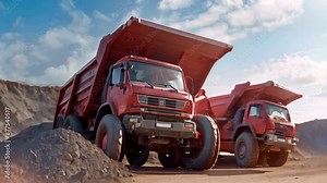 Two large red dump trucks are parked in a gravel pit, ready for loading or unloading materials, Giant dump trucks unloading gravel and sand