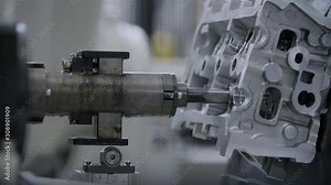 Car engine assembly on the production line inside an automobile manufacturing plant