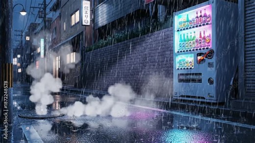 Vending machine on a rainy anime wallpaper background in tokyo japan at night
