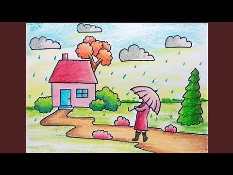 Rainy Season Scenery Drawing for Beginner | Simple Oil Pastel Drawing of Rainy Day