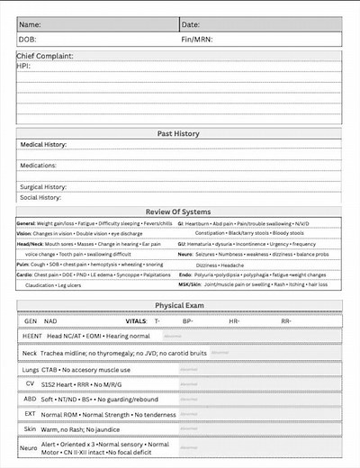 History & Physical Template – Medical Student and Resident Note Sheet – Clinical Note Printable PDF - Etsy