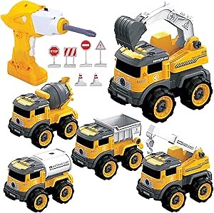 5-in-1 Take Apart Construction Toys and DIY Engineering Playset with Remote Control and Electric Screwdriver. For Toddler Boys Kid Child who loves tools and construction equipment. 3 4 5 6-Year-Olds.